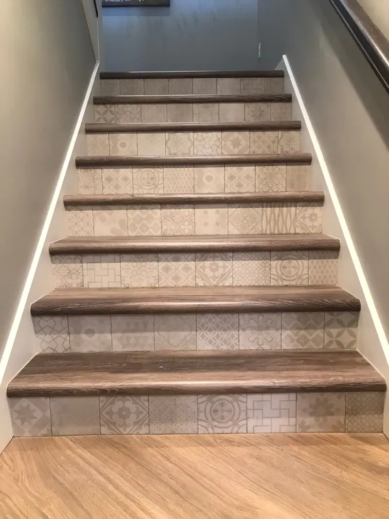 Basement stairway with wood treads and lighting