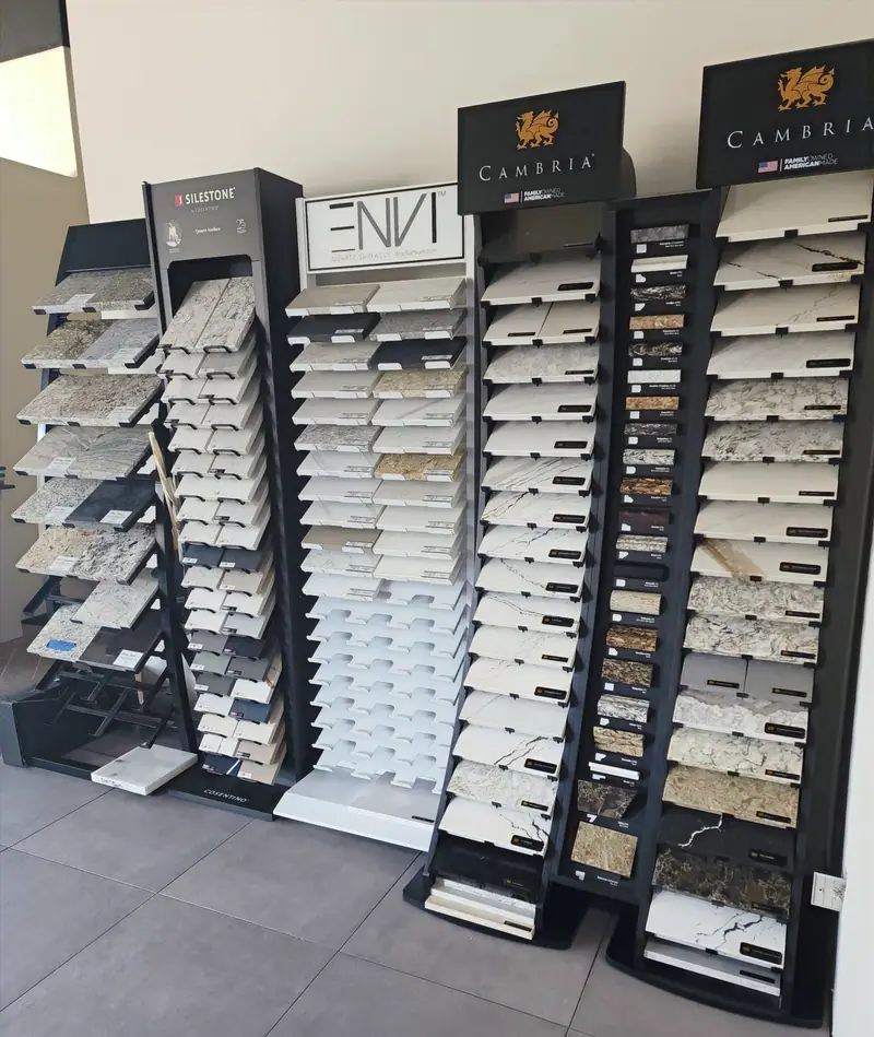 Countertop and cabinet door sample displays in the showroom