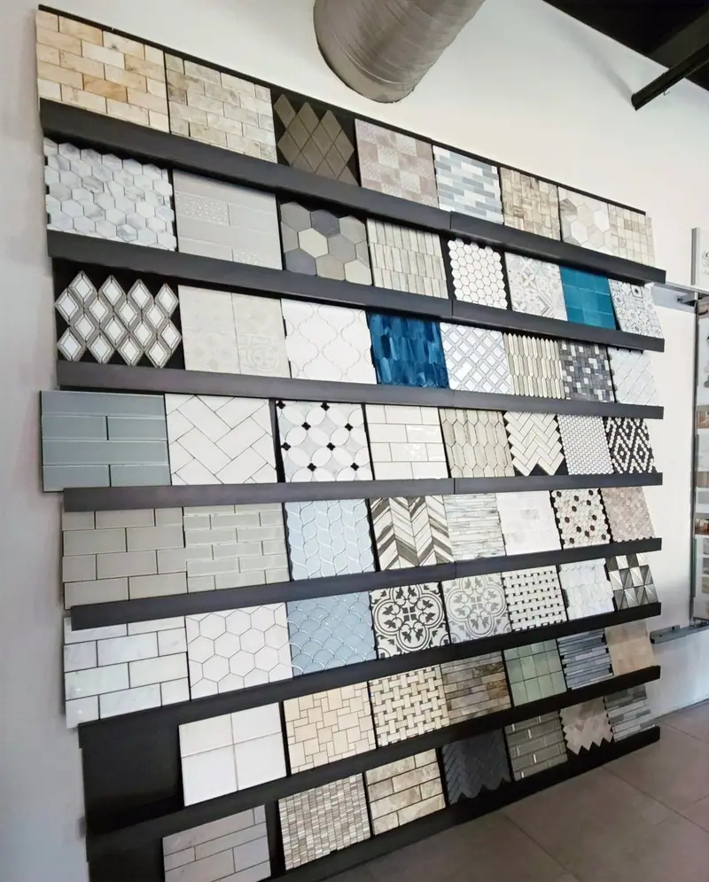 Wall of tile samples in the showroom